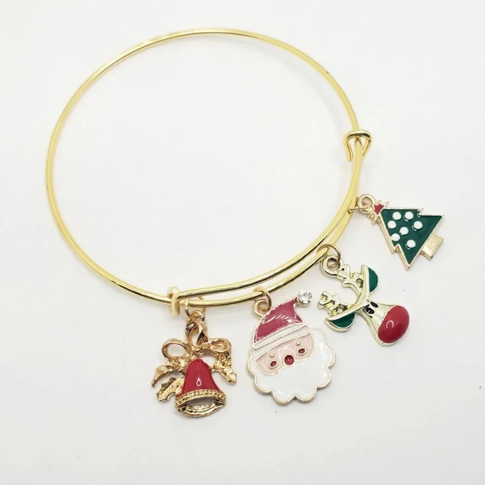 Christmas Bells Charm Bracelet, Gold Jewelry For Women, Santa Charm